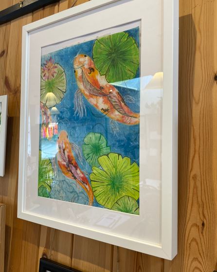 Orange fish, lilies, water colour, white frame, wall mounted